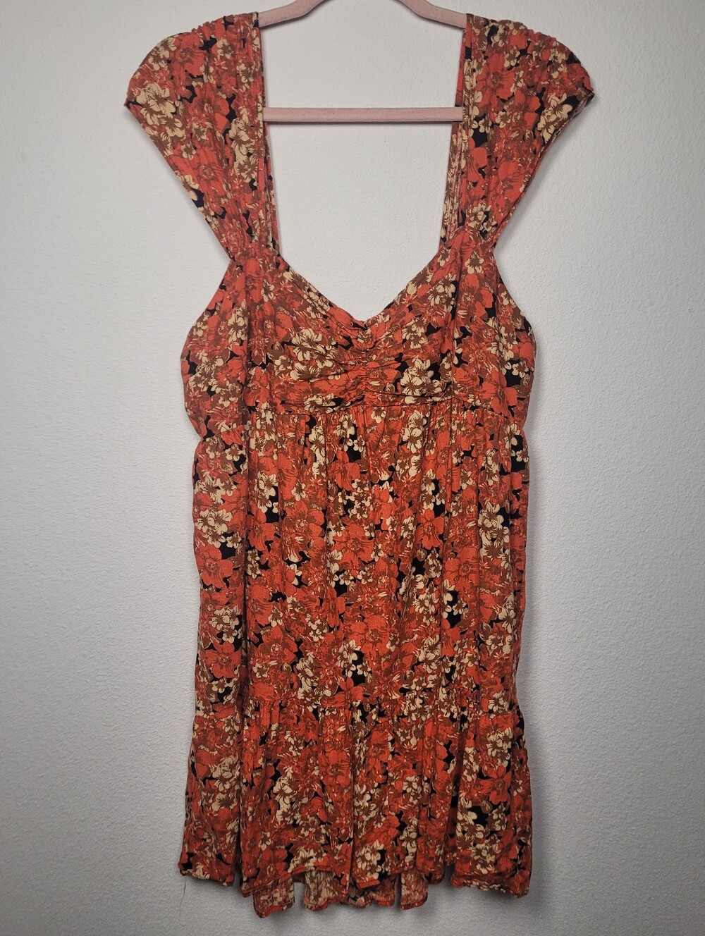 Free People Boho Terracotta Floral Print Smocked Ruched Sweetheart Tank Dress XL
